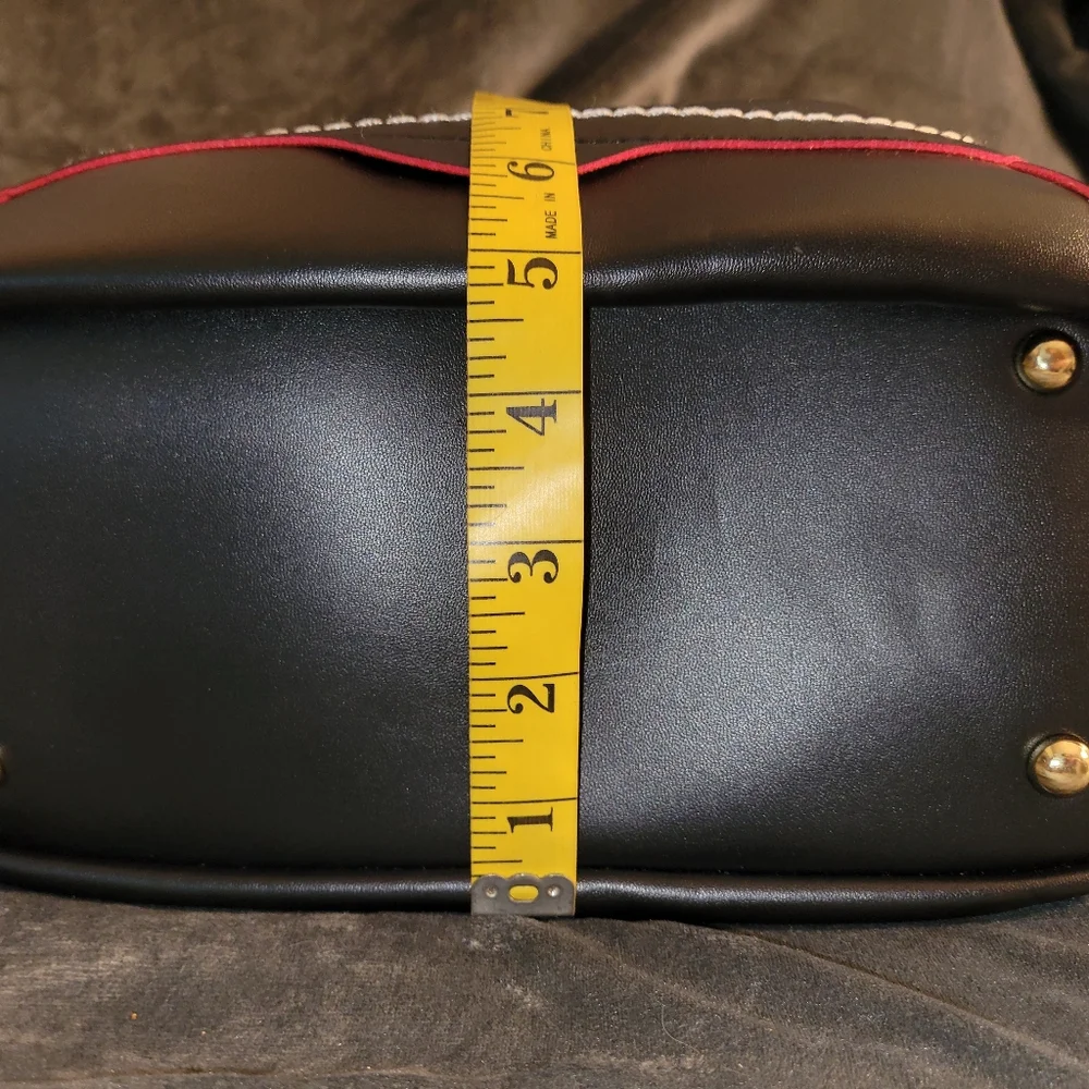 Mellow World Black Bucket Purse Red Fabric Lining Snap Closure Dooney Lookalike